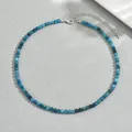 Detail of blue natural stone beaded necklace with adjustable silver lobster clasp closure - Blue Apatite
