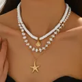Parure de colliers triple rang avec perles et pendentifs coquillage et étoile de mer - Style Marin Or et Blanc (XL5721)