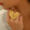Golden chunky heart ring with hammered metal texture for women stylish fashion accessory - Large Irregular Hammered Heart (JZ1312-5)