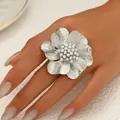 Silver oversized flower ring with woven petals and cluster of white pearls - Silver Woven Floral Style (JZ1296-2)
