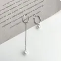 French style silver ear cuff with pearls and asymmetric long chain tassel design - Silver Asymmetric Chain