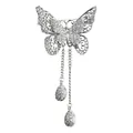 Silver butterfly brooch with sparkling zircons and elegant double teardrop tassels - Silver