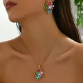 Elegant gold necklace and earrings set featuring irregular lava texture and colorful gems - Lava Texture Multicolor Gemstone Style (XL5416-8)