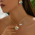 Minimalist geometric jewelry set with hammered gold texture and colorful gemstones - Vintage Pearl Gemstone Style (XL5416-7)