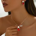 Parure florale avec pierres rubis, collier doré et boucles d'oreilles femme - Style Fleur Feuille Ovale Couleur Rubis (XL5416-14)