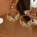 Fashionable 18k gold plated hoop earrings with tropical fish, coral and diamonds - Ocean Fish Coral Hoop Style (EH4739-1)