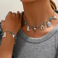 Bohemian silver necklace and bracelet set with turquoise and western cow skull charms - Western Cowboy Style Necklace And Bracelet Set (XL5433)