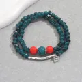 Detail of vintage double-layer beaded bracelet with blue floral patterns and metal charms - Vintage Dark Green Texture (SL7640-2)