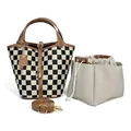 Retro checkerboard bucket bag with adjustable brown strap and drawstring pouch - Plaid Brown