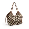 Sac cabas à damier classique de grande capacité avec bandoulières réglables en cuir - Marron à Carreaux