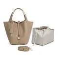 Brown leather bucket bag set with textured inner pouch and gold lock details - Khaki