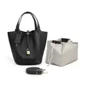 Detail of black pebbled leather bucket bag with lock clasp and drawstring inner pouch - Solid Black
