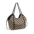 Grand sac cabas en toile à damier beige et marron avec anses en cuir noir - Treillis Noir