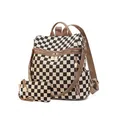 Retro checkered backpack set with matching pouch and brown leather trim in canvas material - Plaid Brown
