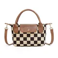 Checkboard canvas handbag with brown leather trim and detachable shoulder strap - Plaid Brown