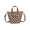 Checkered canvas bucket bag with brown leather handles and adjustable shoulder strap - Plaid Brown