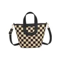 Checkerboard pattern PU leather bucket bag with gold hardware and removable shoulder strap - Black Lattice