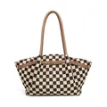 Checkered canvas dumpling tote bag with brown leather straps and adjustable buckles - Plaid Brown