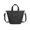 Classic black bucket bag in lychee pattern leather with horseshoe stitching and gold hardware - Solid Black