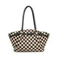 Large checkerboard tote bag with black leather handles and canvas dumpling shape - Black Lattice