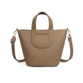 Brown litchi texture PU leather bucket bag with top handle and golden hardware - Khaki