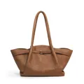 Brown leather checkerboard shoulder tote bag with decorative buckle and slim straps - Brown