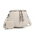 Macro shot of white pebble leather crossbody bag showing dual zippers and round coin pouch - Pebbled White (No Logo)