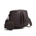 Detail view of dark brown pebbled leather crossbody bag with small round coin purse - Pebbled Pure Coffee (No Logo)