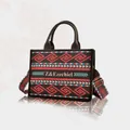 Bohemian geometric pattern tote bag in black with brown leather handles and wide strap - Small Webbing Style