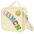 Beige geïsoleerde nylon lunchtas met chenille letters en een verstelbare schouderriem - Abrikoos