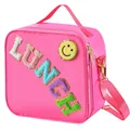 Roze nylon geïsoleerde lunchtas met kleurrijk LUNCH borduursel en verstelbare riem - Rozerood
