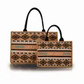 Bohemian canvas tote bag set in brown with tribal patterns and leather handles - Tan Geometric Ethnic Style