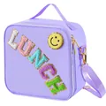 Paarse waterdichte nylon lunchtas met LUNCH-chenille patches en verstelbare schouderriem - Violet