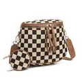 Checkerboard crossbody shell bag set with adjustable strap and small round coin purse - Checkered Brown (No Logo)