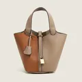 Chic two-tone PU leather bucket bag in brown and grey with gold lock and handles - Khaki Brown Patchwork
