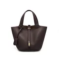 Dark brown lychee texture PU leather bucket bag with vintage metal lock detail - Coffee