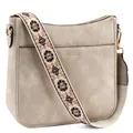 Taupe crossbody messenger bag with adjustable vintage floral print wide fabric strap - Light Gray