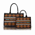 Bohemian black tote bag set with orange and blue geometric patterns and leather handles - Orange Blue Geometric Ethnic Style