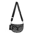 Sac banane demi-lune en cuir noir avec rivets argentés et bandoulière large - Clouté Noir