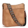 Brown vintage faux leather crossbody bag with a colorful ethnic woven wide strap - Camel Brown