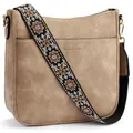 Beige crossbody bag with retro floral jacquard strap and minimalist brand logo - Tan