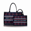 Bohemian dark blue tote bag set with geometric patterns and leather handles - Navy Blue Rhombus Geometric Style