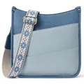 Blue bi-color pebble leather crossbody bag with ethnic snowflake pattern wide strap - Blue