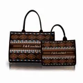 Bohemian canvas tote bag set with geometric ethnic patterns in deep brown finish - Dark Brown Herringbone Geometric Style