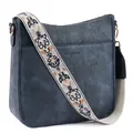 Navy blue cross body bag in pebble leather with vintage jacquard webbing strap - Navy Blue