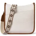 White pebbled leather messenger bag with brown trim and wide patterned shoulder strap - Off-white