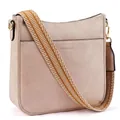 Light pink leather crossbody bag featuring a wide geometric pattern woven strap - Pink