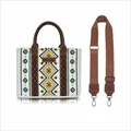 Boho-Tasche mit geometrischem Muster, braunem Kunstlederbesatz und Schultergurt - Klein (Mit einfarbigem Riemen) / Cremeweiß/Rosa