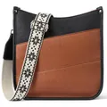 Crossbody messenger bag in black and brown pebbled leather with patterned wide strap - Black Brown