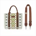 Bohemian Canvas-Einkaufstasche in Beige mit Stammesmuster und verstellbarem Gurt - Klein (Mit einfarbigem Riemen) / Cremeweiß/Grün